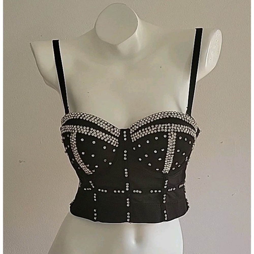 Papaya Rhinestone Black Mesh Convertible Corset Top NEW Glam Party Retro Witchy